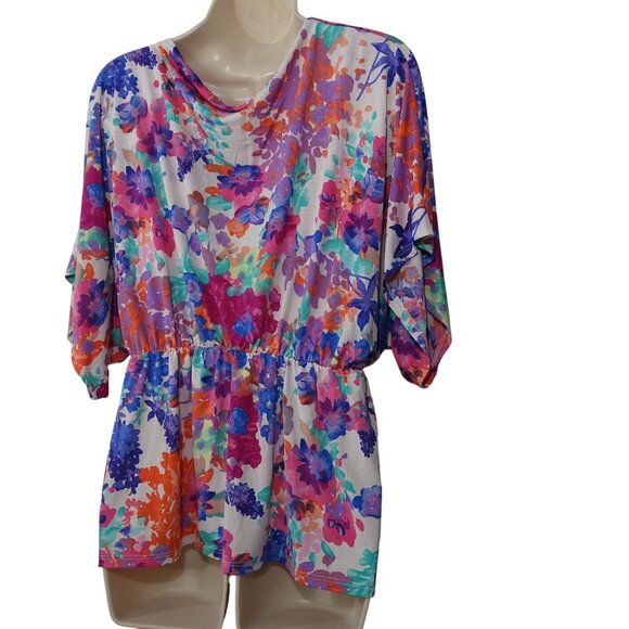 BomBom Floral Surplice Vneck Dolman Sleeve Faux Wrap Top Women Size M Multicolor - Picture 3 of 7